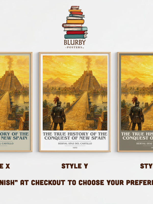 The True History of the Conquest of New Spain book cover print in frame leaning in hallway – non fiction wall art