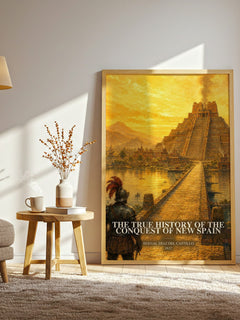 The True History of the Conquest of New Spain watercolour print in frame leaning in hallway – non fiction wall art