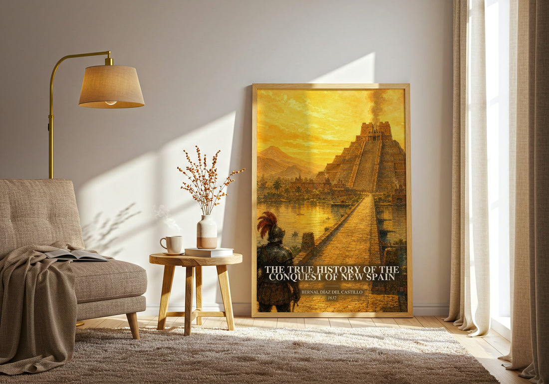 The True History of the Conquest of New Spain watercolour print in frame leaning in hallway – non fiction wall art