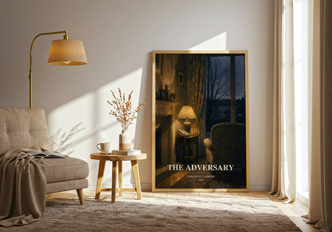 The Adversary watercolour print in frame leaning in hallway – non fiction wall art