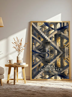 Gödel, Escher, Bach watercolour print in frame leaning in hallway – non fiction wall art