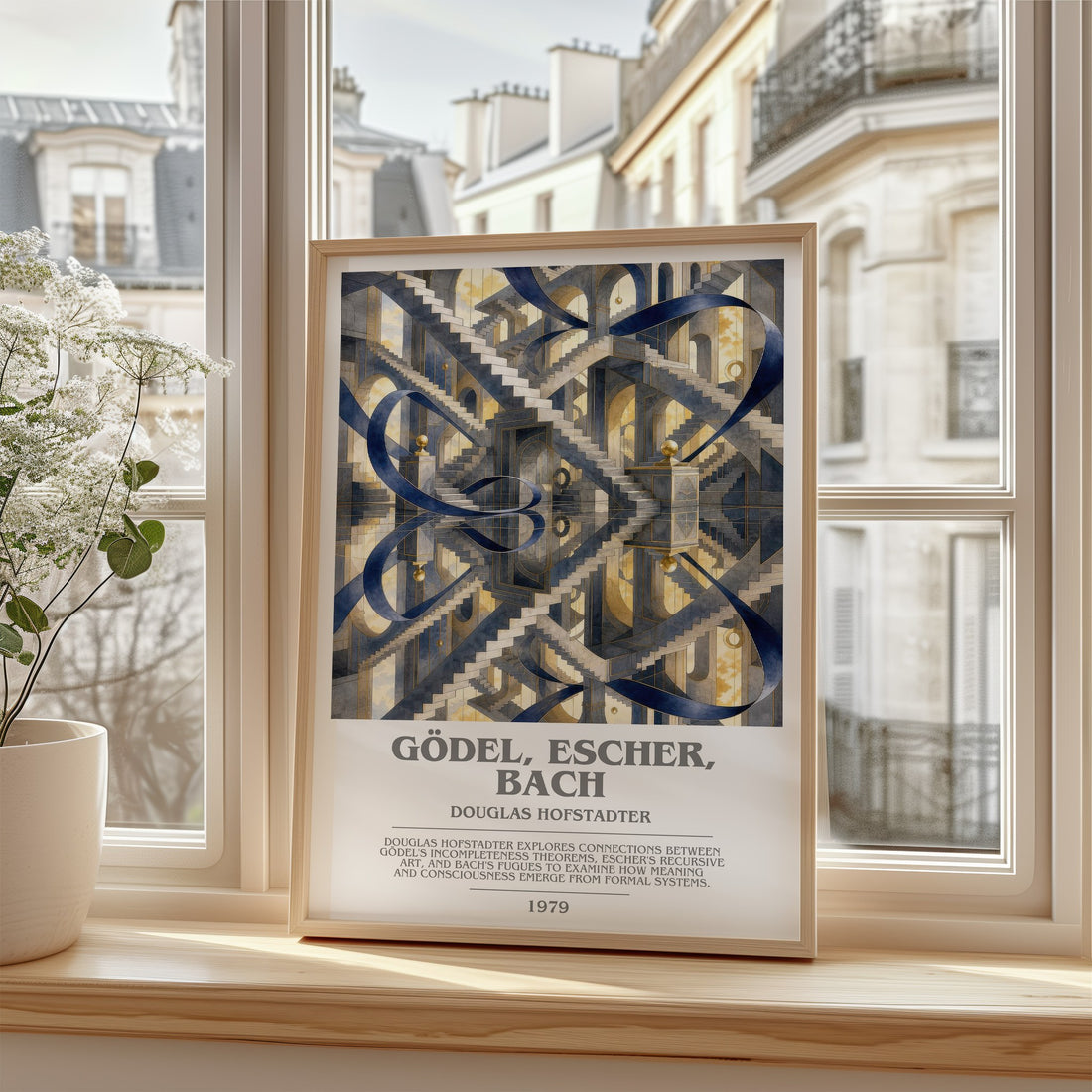 Gödel, Escher, Bach Bookish Wall Art by Douglas Hofstadter – framed print by a bright window