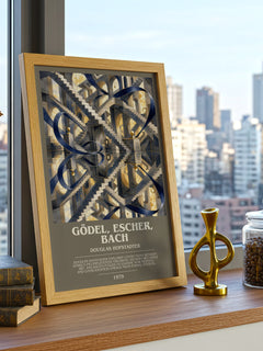 Gödel, Escher, Bach Bookish Wall Art by Douglas Hofstadter – framed print on a city-view windowsill