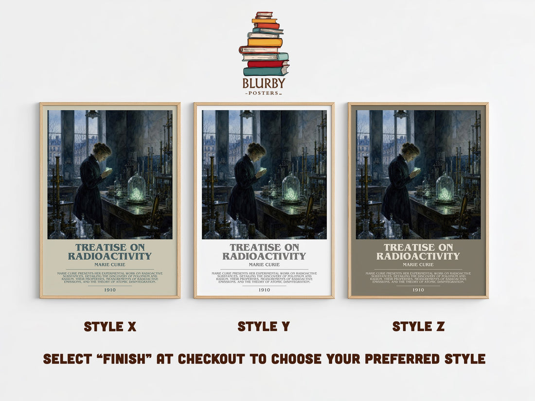 Treatise on Radioactivity Bookish Wall Art by Marie Curie – Style X, Y and Z side by side – choose your finish