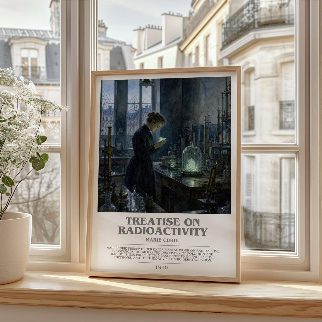 Treatise on Radioactivity Bookish Wall Art by Marie Curie – framed print by a bright window