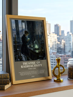 Treatise on Radioactivity Bookish Wall Art by Marie Curie – framed print on a city-view windowsill
