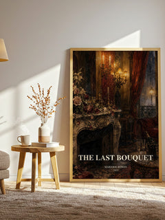 The Last Bouquet watercolour print in frame leaning in hallway – historical fiction wall art