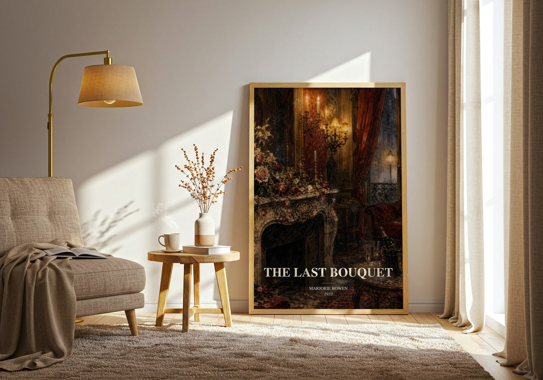 The Last Bouquet watercolour print in frame leaning in hallway – historical fiction wall art