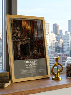 The Last Bouquet Bookish Wall Art by Marjorie Bowen – framed print on a city-view windowsill