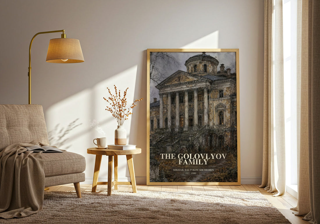 The Golovlyov Family watercolour print in frame leaning in hallway – satire wall art