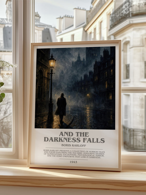 And The Darkness Falls Bookish Wall Art by Boris Karloff – framed print by a bright window