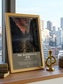 The Wandering Jew Bookish Wall Art by Eugène Sue – framed print on a city-view windowsill