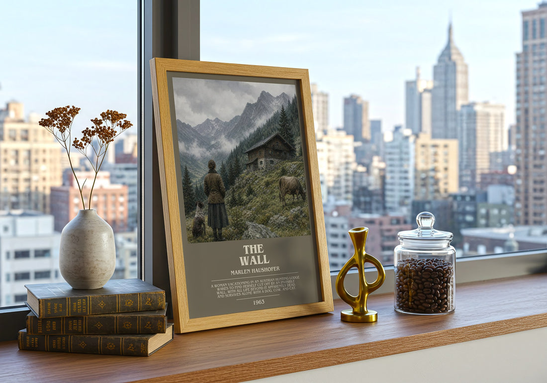 The Wall Bookish Wall Art by Marlen Haushofer – framed print on a city-view windowsill