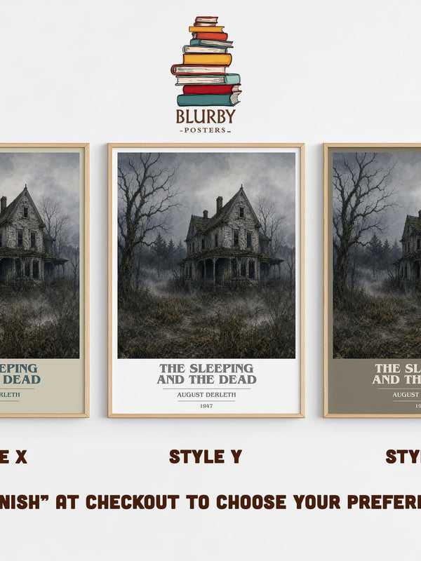 The Sleeping And The Dead book cover print in frame leaning in hallway – literary fiction wall art