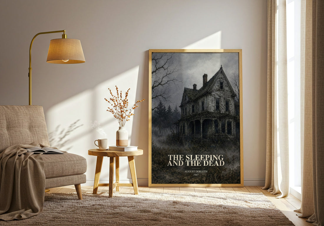 The Sleeping And The Dead watercolour print in frame leaning in hallway – literary fiction wall art