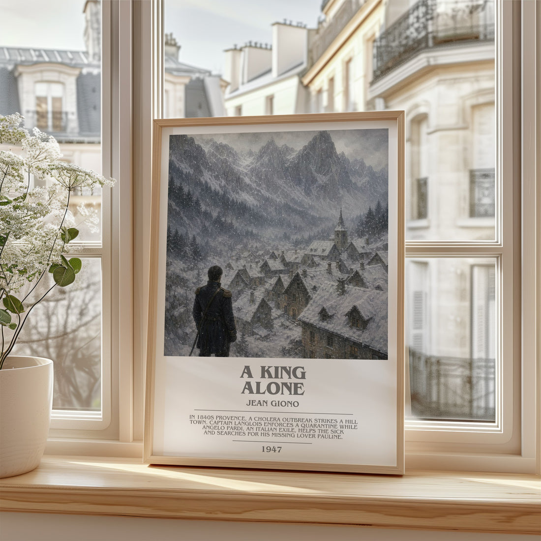 A King Alone Bookish Wall Art by Jean Giono – framed print by a bright window