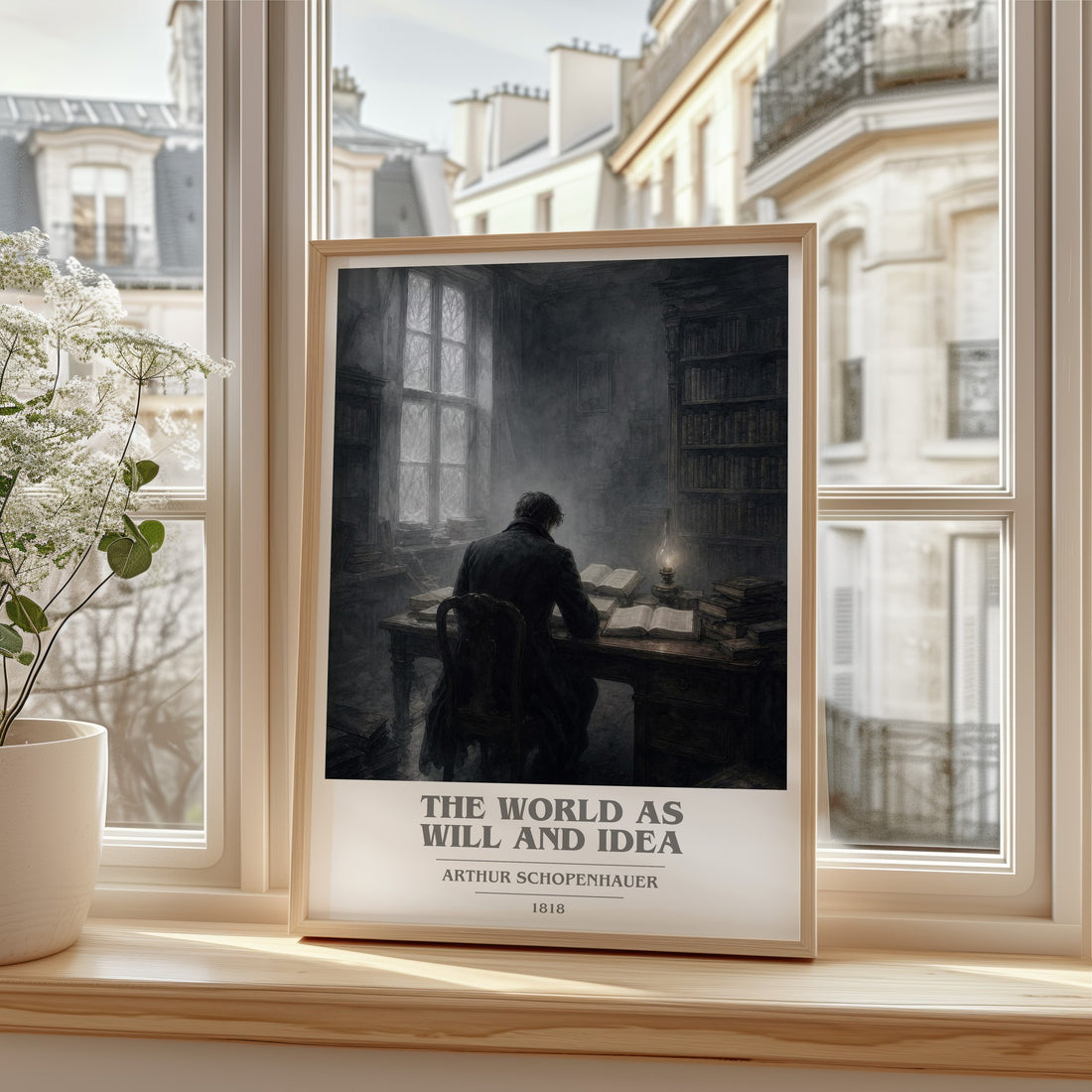 The World as Will and Idea book cover print in frame leaning in hallway – philosophy wall art