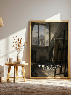 The Alberta Trilogy watercolour print in frame leaning in hallway – literary fiction wall art