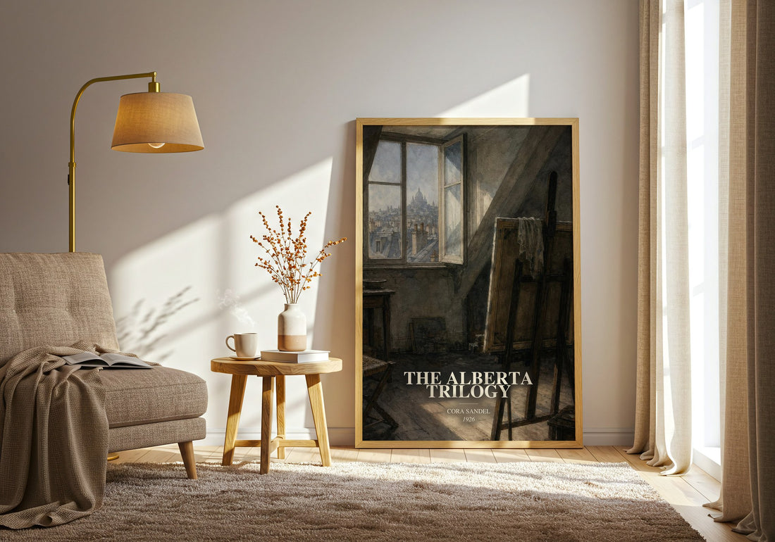 The Alberta Trilogy watercolour print in frame leaning in hallway – literary fiction wall art