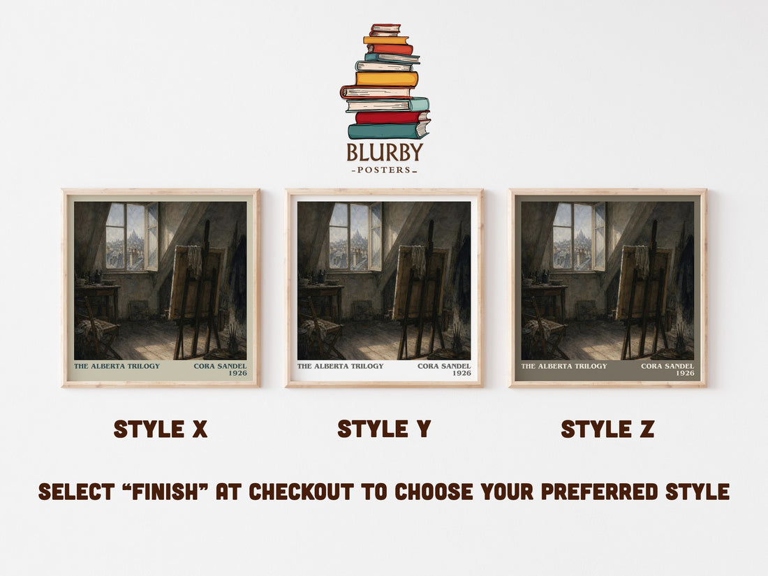 The Alberta Trilogy literary print in frame leaning in hallway – literary fiction wall art (mockup)