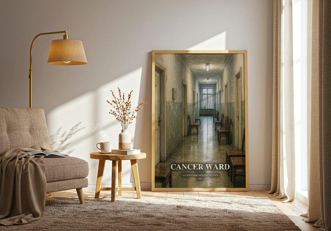 Cancer Ward watercolour print in frame leaning in hallway – literary fiction wall art