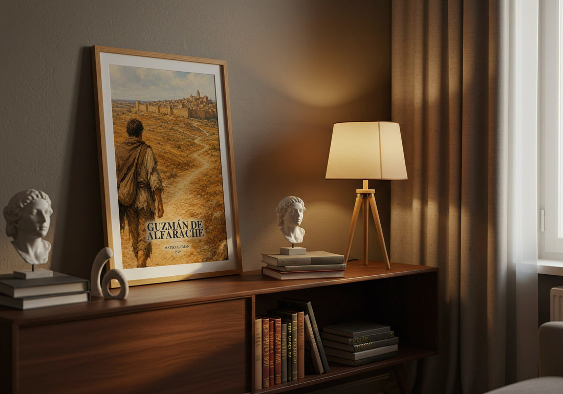 Guzmán de Alfarache watercolour print on bookshelf – Mateo Alemán fan gift