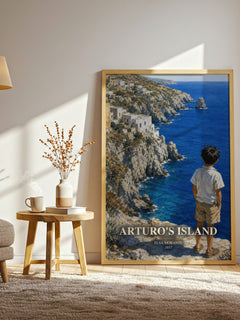 Arturo's Island watercolour print in frame leaning in hallway – coming of age wall art