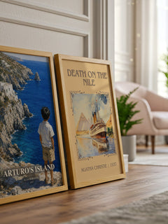 Arturo's Island watercolour print framed by window – literary home decor