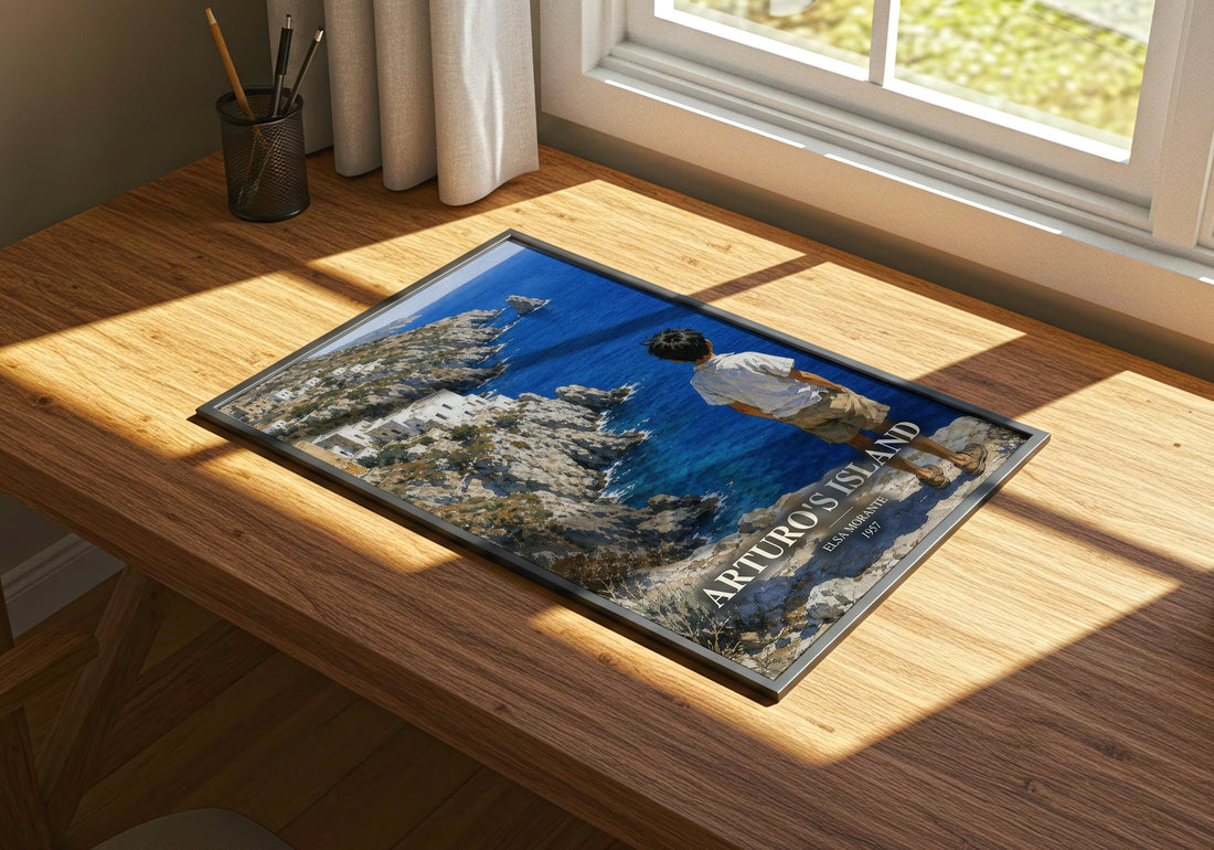 Arturo's Island watercolour book poster framed on wall – coming of age wall art