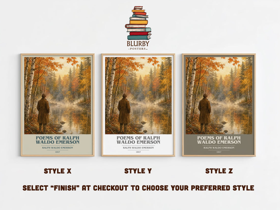 Poems Of Ralph Waldo Emerson book cover print in frame leaning in hallway – poetry wall art (mockup)