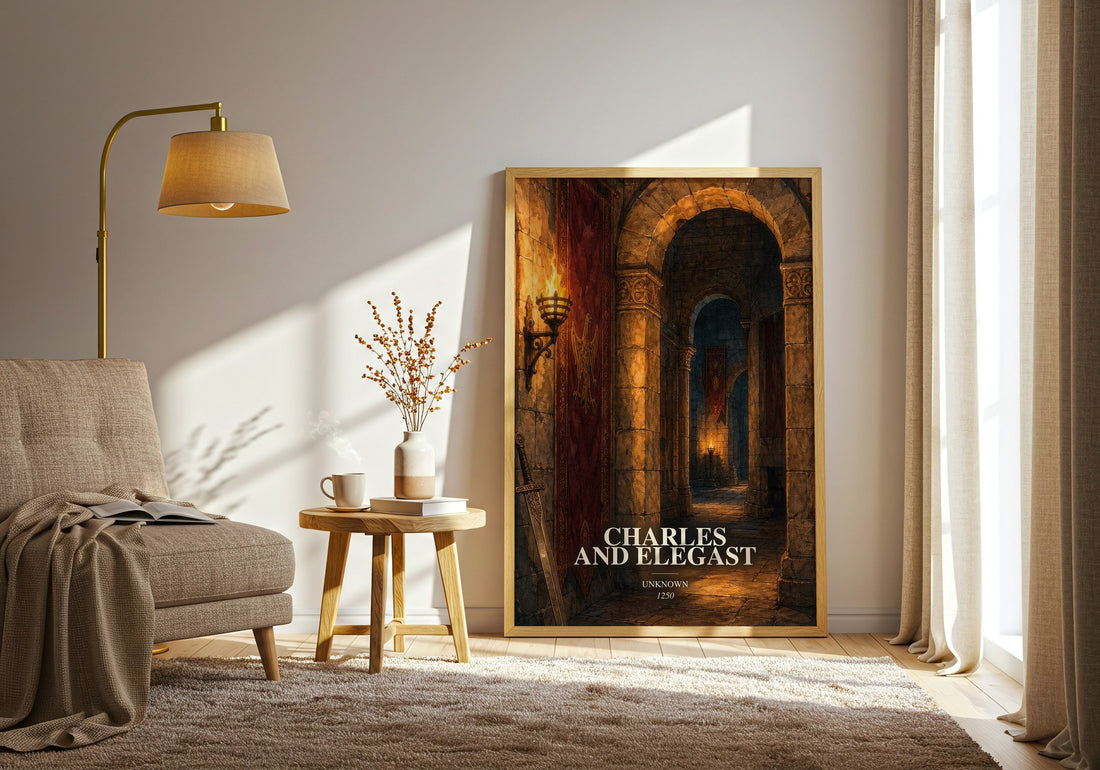 Charles And Elegast watercolour print in frame leaning in hallway – classic literature wall art