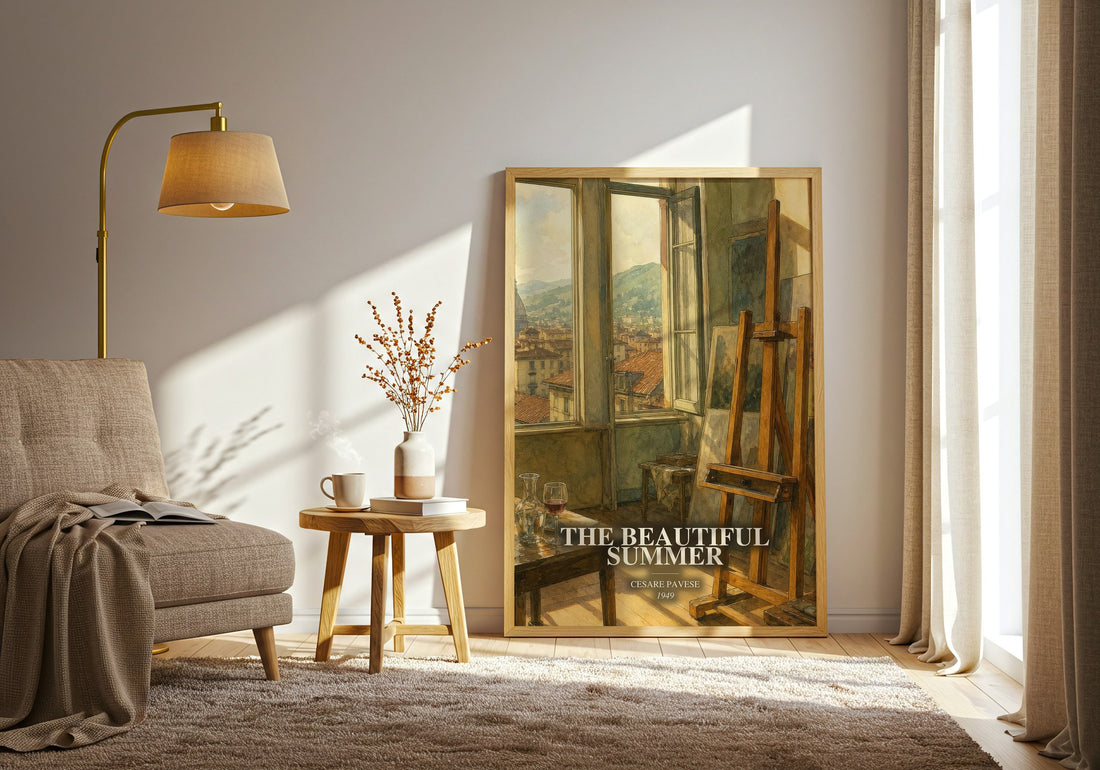 The Beautiful Summer watercolour print in frame leaning in hallway – literary fiction wall art