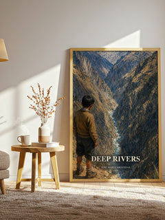 Deep Rivers watercolour print in frame leaning in hallway – literary fiction wall art