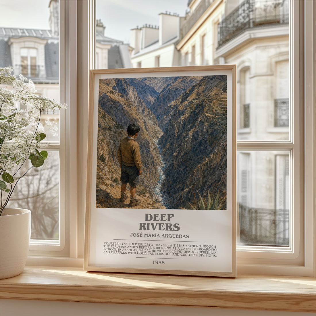Deep Rivers Bookish Wall Art by José María Arguedas – framed print by a bright window