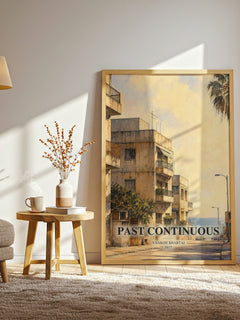 Past Continuous watercolour print in frame leaning in hallway – literary fiction wall art