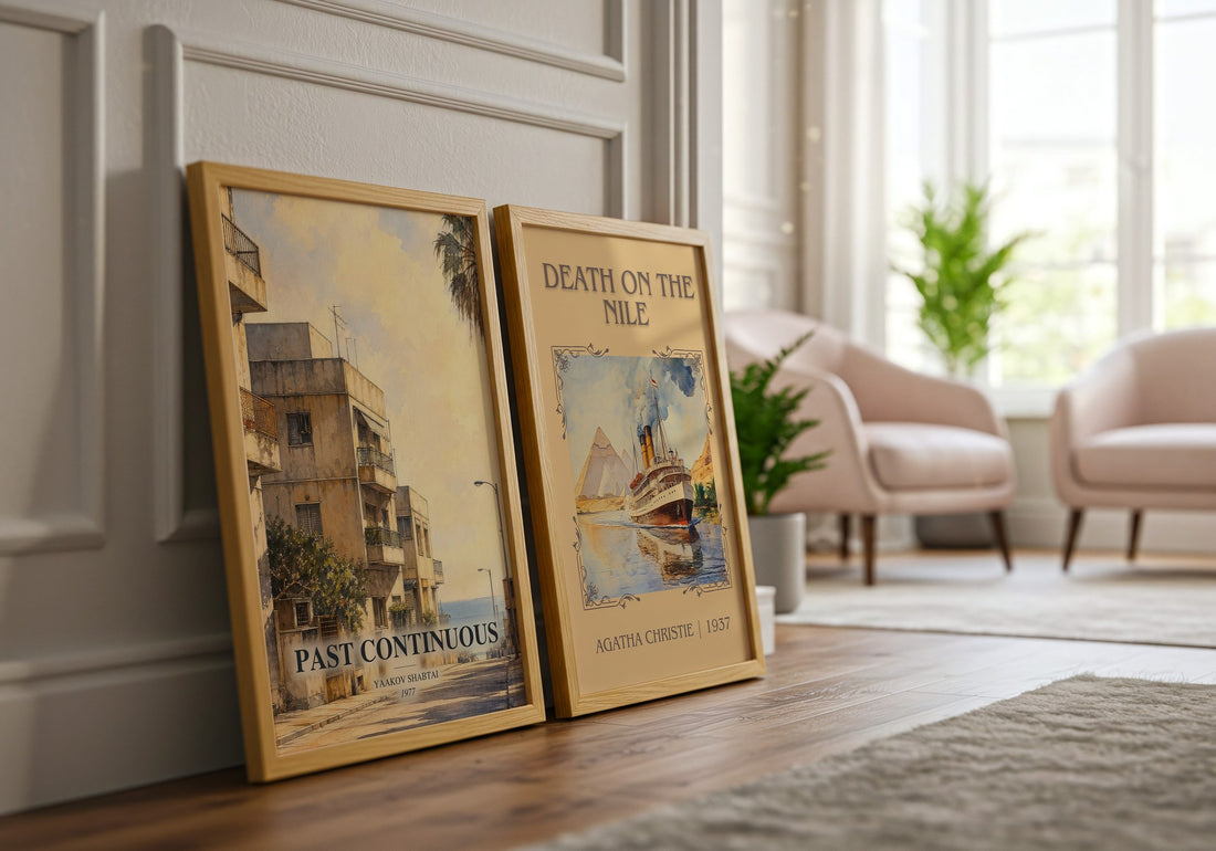 Past Continuous watercolour print framed by window – literary home decor