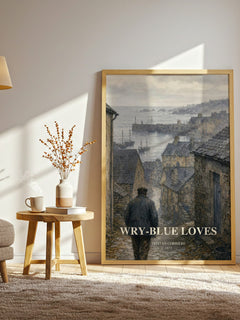 Wry-Blue Loves watercolour print in frame leaning in hallway – poetry wall art
