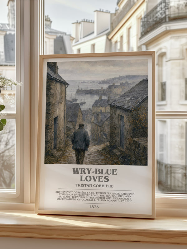 Wry-Blue Loves Bookish Wall Art by Tristan Corbière – framed print by a bright window