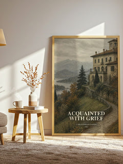 Acquainted With Grief watercolour print in frame leaning in hallway – literary fiction wall art