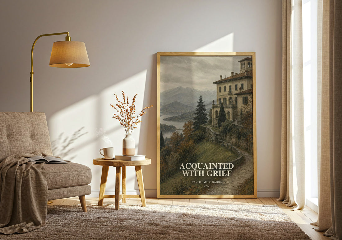 Acquainted With Grief watercolour print in frame leaning in hallway – literary fiction wall art