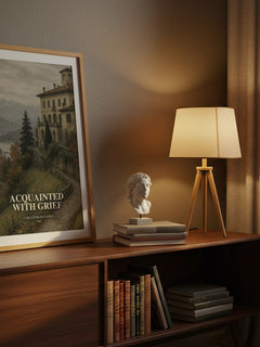 Acquainted With Grief watercolour print on bookshelf – Carlo Emilio Gadda fan gift
