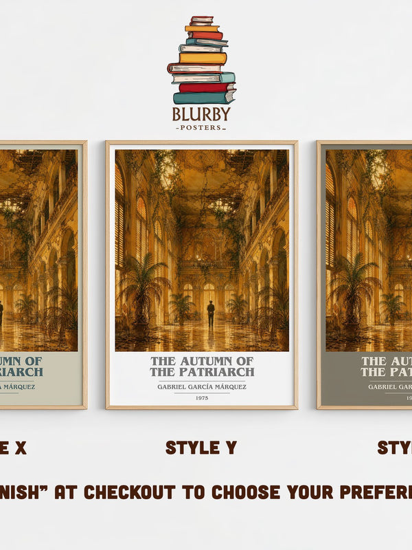 The Autumn of the Patriarch book cover print in frame leaning in hallway – literary fiction wall art
