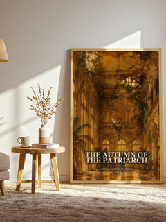 The Autumn of the Patriarch watercolour print in frame leaning in hallway – literary fiction wall art