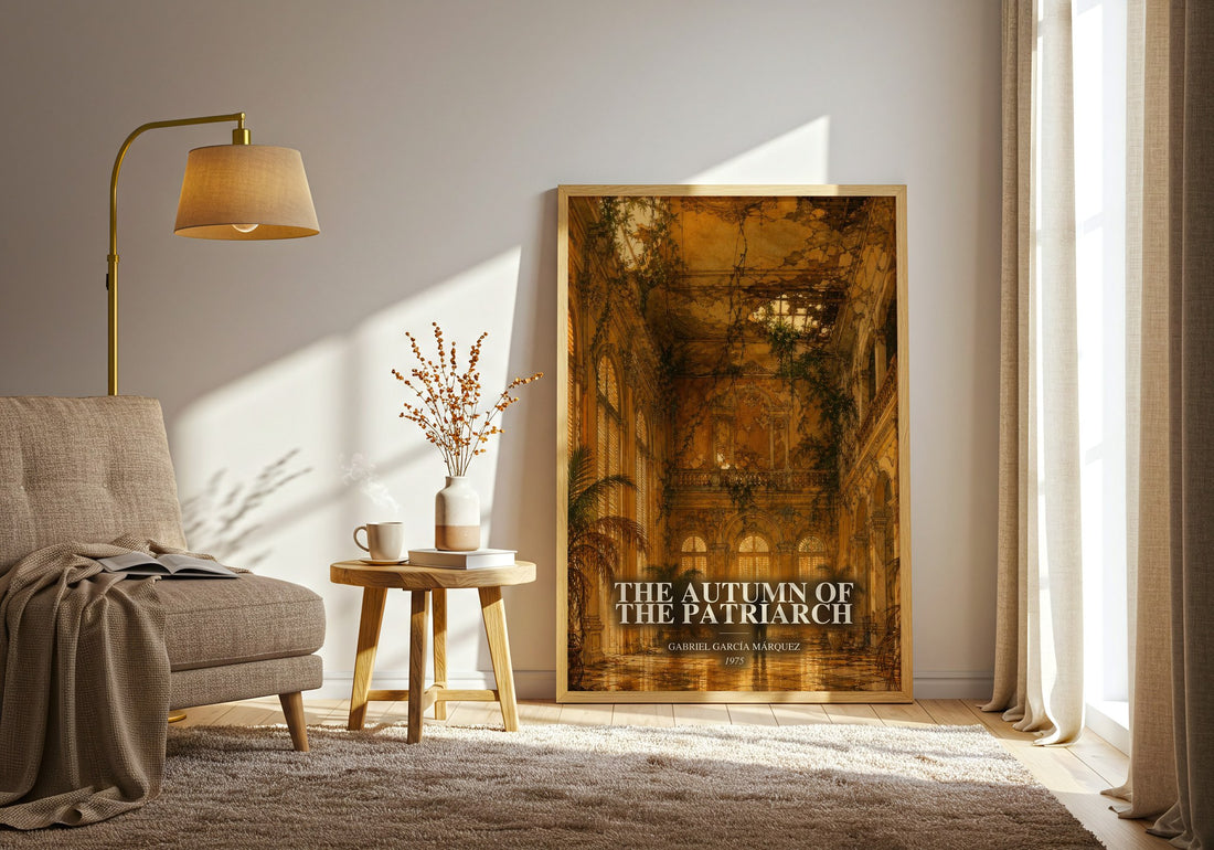 The Autumn of the Patriarch watercolour print in frame leaning in hallway – literary fiction wall art