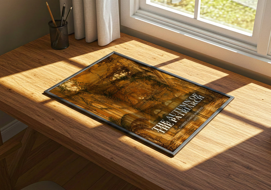 The Autumn of the Patriarch watercolour book poster framed on wall – literary fiction wall art
