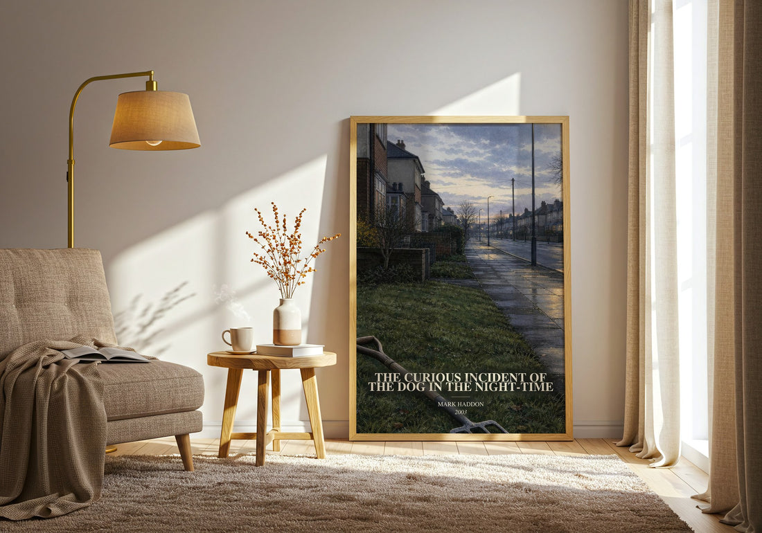 The Curious Incident of the Dog in the Night-time watercolour print in frame leaning in hallway – contemporary fiction wall