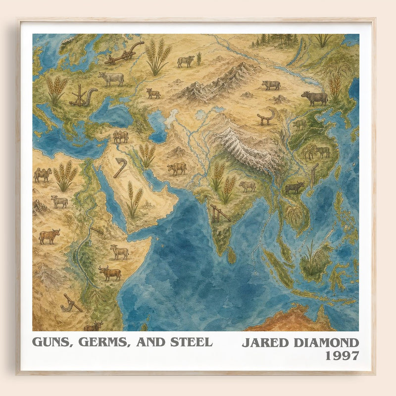 Guns, Germs, and Steel literary book poster by Jared Diamond – framed literary art print
