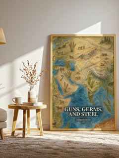 Guns, Germs, and Steel watercolour print in frame leaning in hallway – non fiction wall art