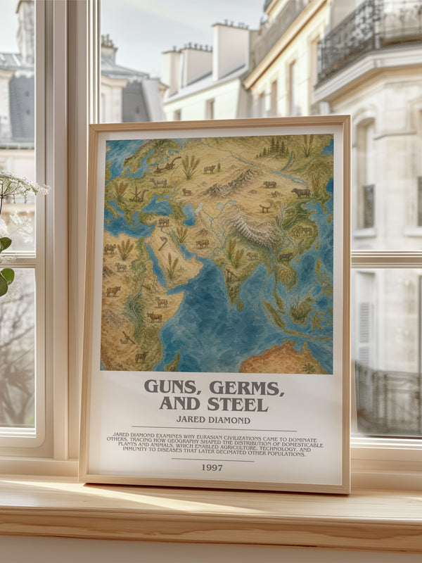Guns, Germs, and Steel Bookish Wall Art by Jared Diamond – framed print by a bright window