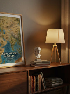 Guns, Germs, and Steel watercolour print on bookshelf – Jared Diamond fan gift